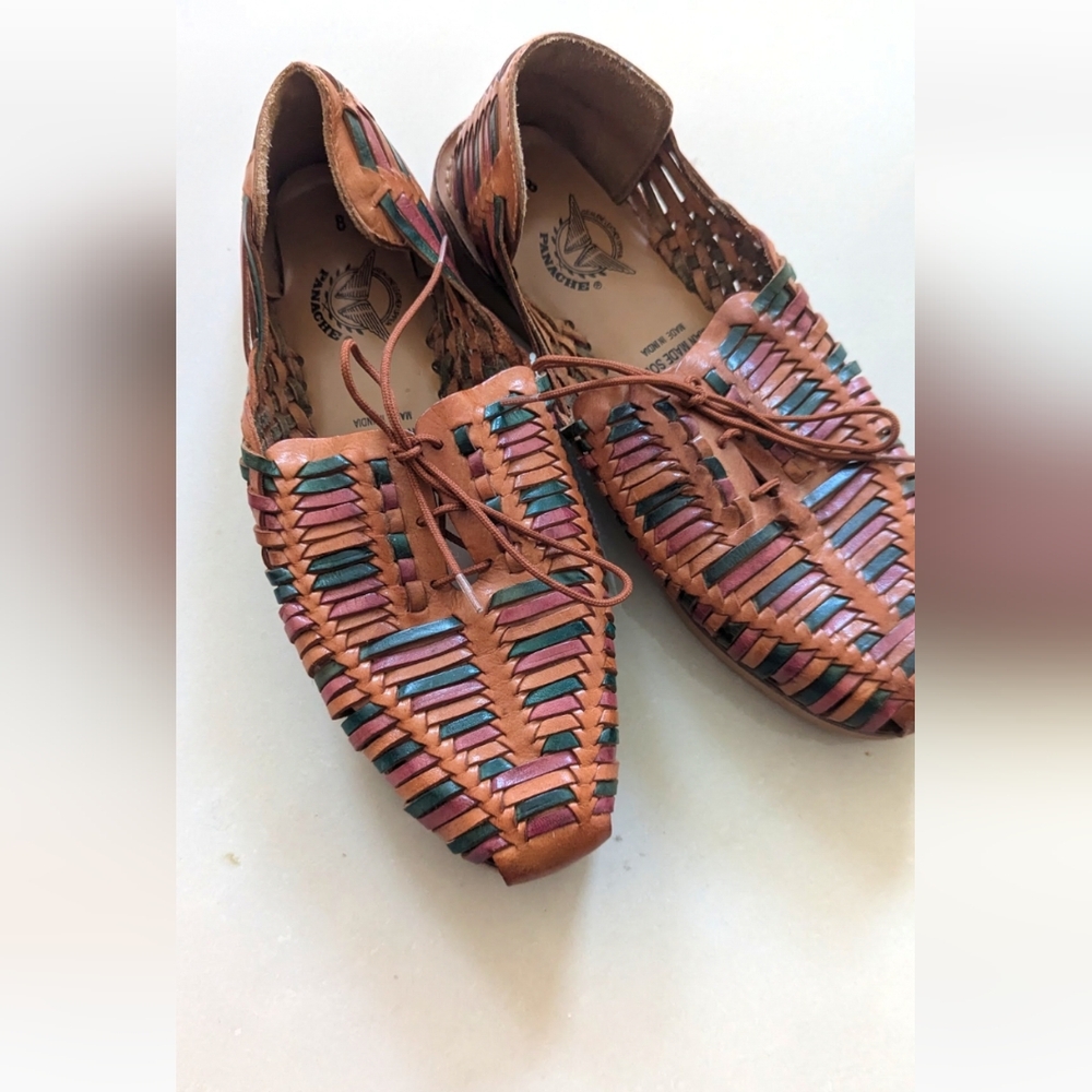 Handwoven Leather Huarache Flats in Brown with Teal & Plum Accents